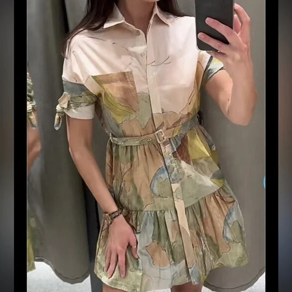 Zara Artistic Midi Dress in Cream and Green - Picture 3 of 4